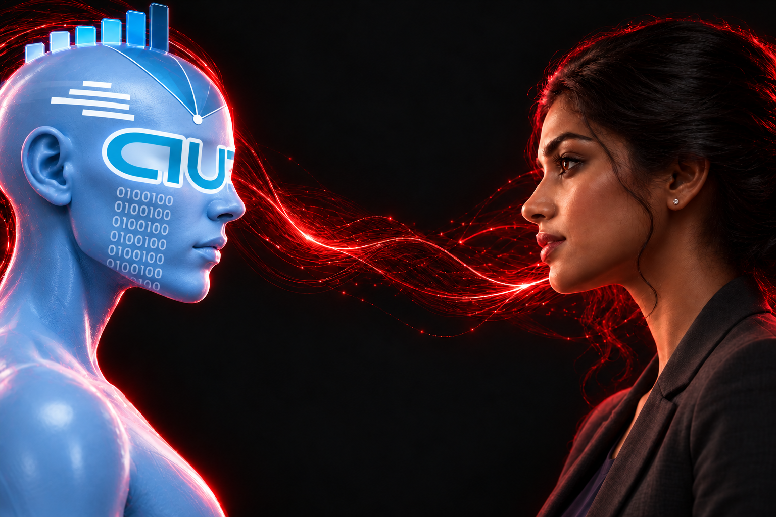 The blue ZTS AI robot facing a clean-shaven male professional in a charcoal suit, connected by red streams of light