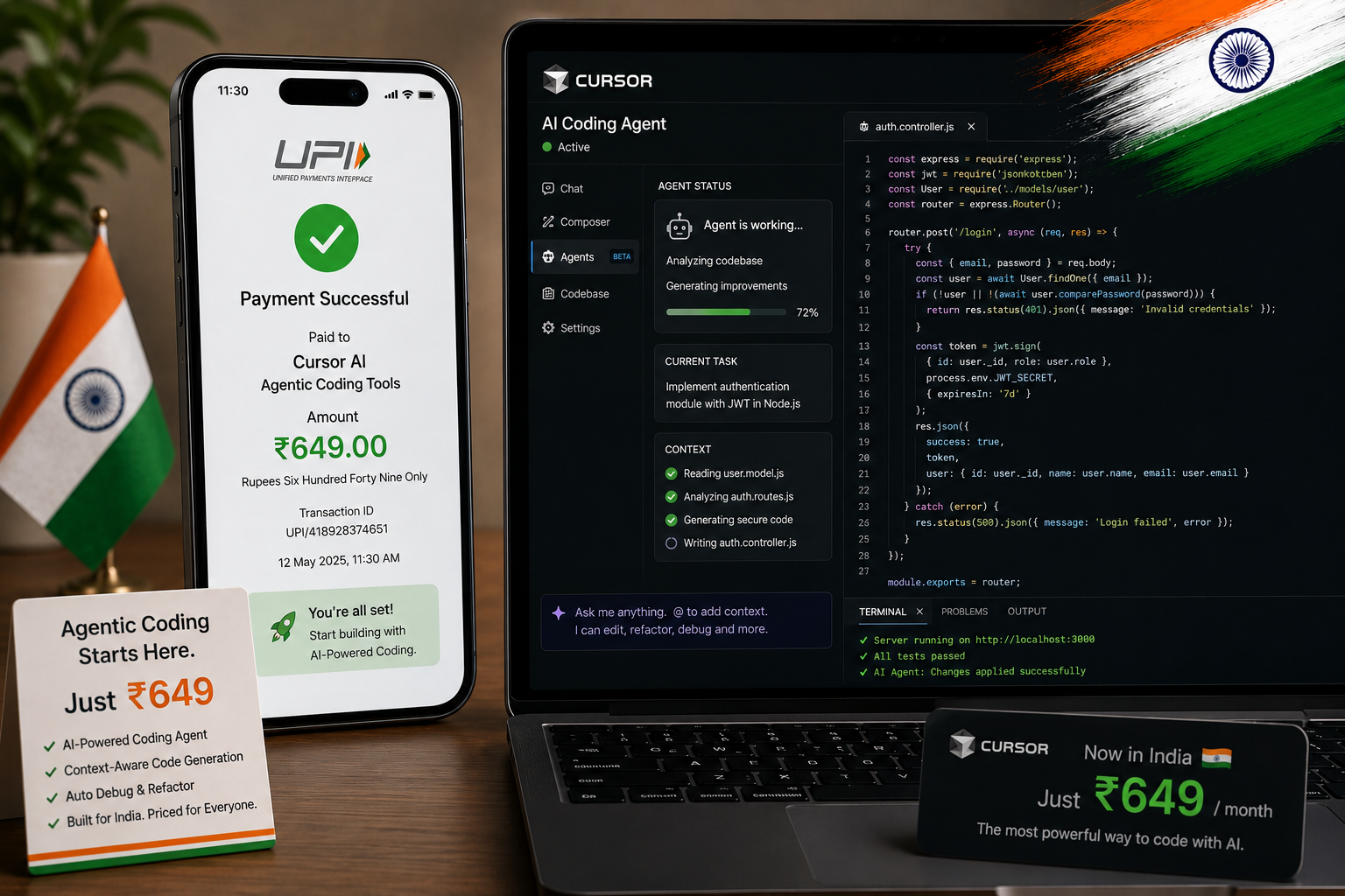 Cursor Start ₹649 India plan — UPI payment screen beside an AI code editor running an agentic coding session