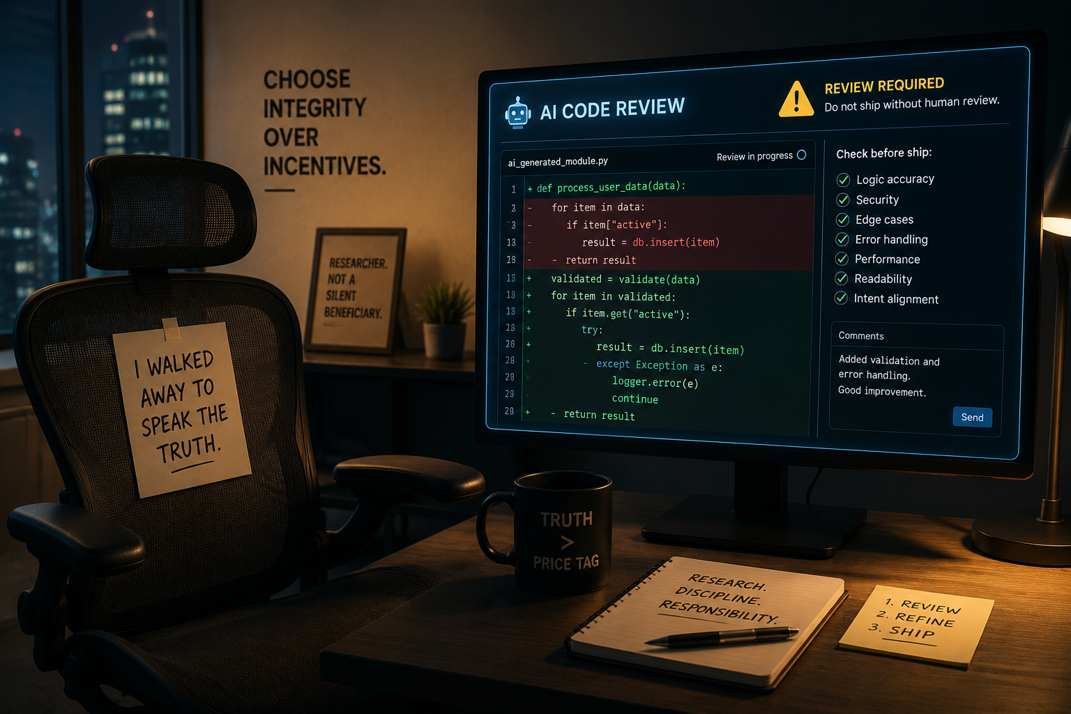 Empty office chair beside a code-review screen flagged with a caution icon — an AI researcher who left a lucrative role to warn on AI risk